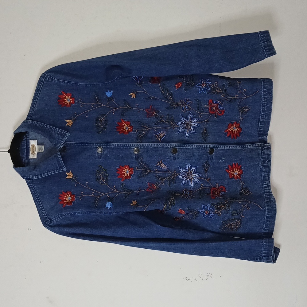 Talbots Denim Jacket Embroidered Floral Blue Jean Cottagecore Shirt Size:S‎